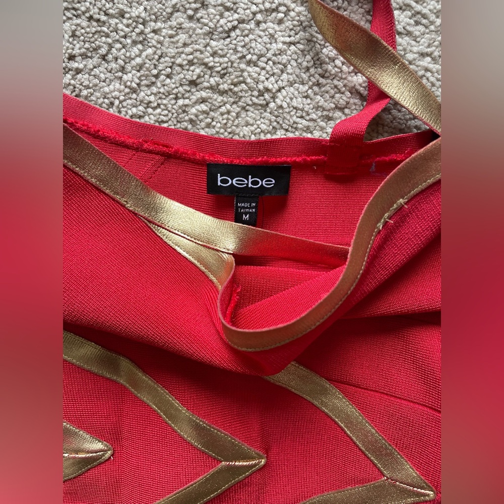 BEBE One Shoulder Red Bandage Dress with Gold Accents
